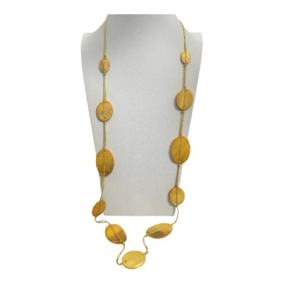 Jewelry - Boho Yellow Shell Disc Necklace | Long Knotted Cord Statement